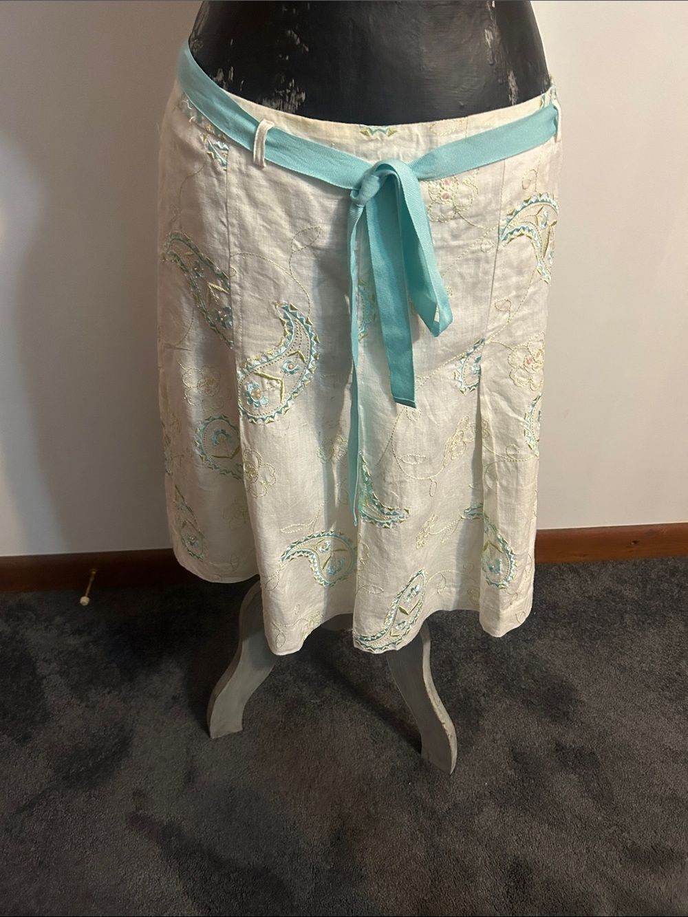 Grace Elements Cream Embroidered A-Line Skirt with Teal Waist Tie